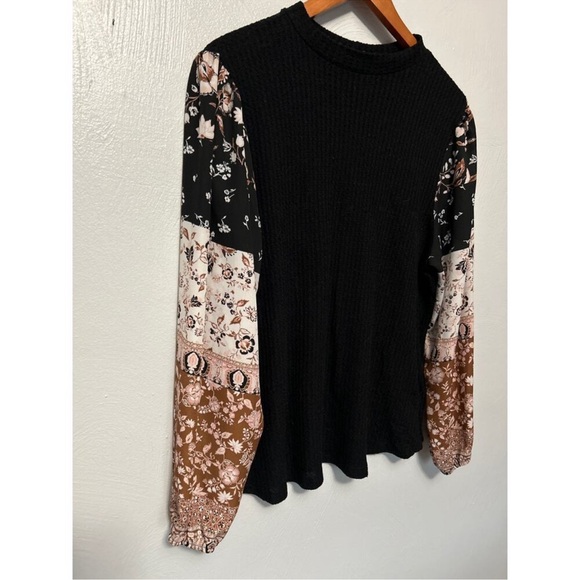 Maurices Medium Black and Floral sleeve Mock Neck Waffle Knit Top - Picture 12 of 14